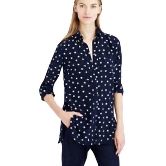 NWOT J CREW Blouse 10 Silk Clock-Print Navy Long-Sleeve Button-Up Pocket - Picture 1 of 8